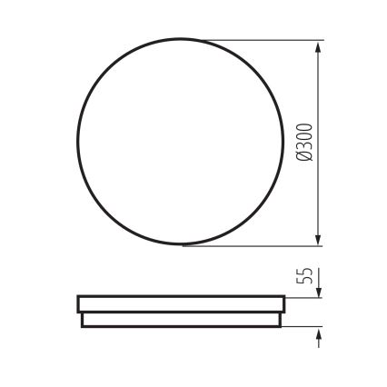 Kruhový objekt s priemerom 300 mm a výškou 55 mm je zobrazený s rozmermi. Jeho spodná časť je znázornená samostatne.