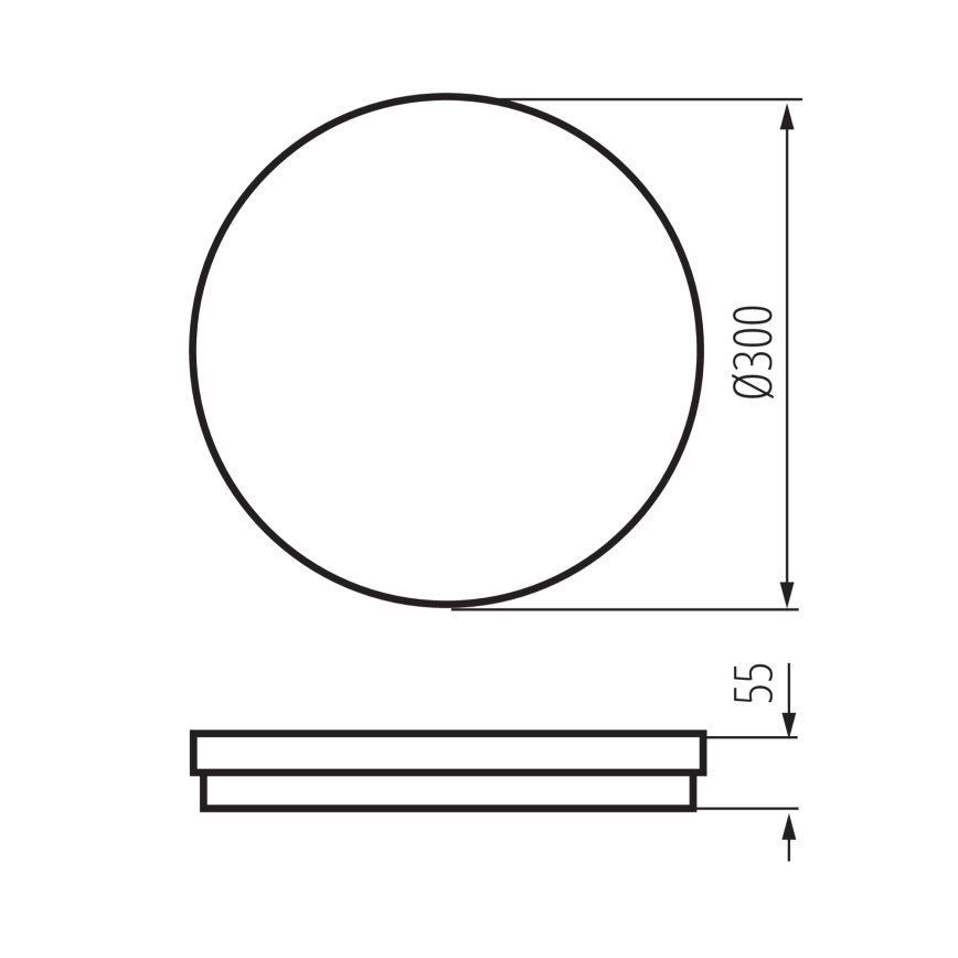 Kruhový objekt s priemerom 300 mm a výškou 55 mm je zobrazený s rozmermi. Jeho spodná časť je znázornená samostatne.