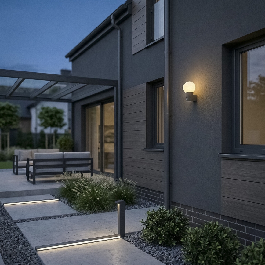 Vonkajšia nástenná lampa so senzorom pohybu a súmraku STONO 1xE27/15W/230V IP65 antracit