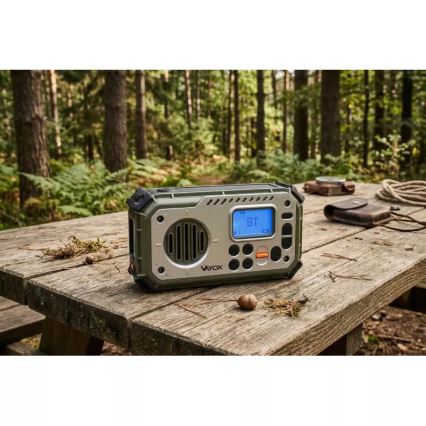 Kempingové rádio so kľukou, solárnym panelom a LED baterkou s funkciou powerbanky 5V/3xAAA/2000 mAh IPX4 zelená