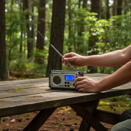 Kempingové rádio so kľukou, solárnym panelom a LED baterkou s funkciou powerbanky 5V/3xAAA/2000 mAh IPX4 zelená