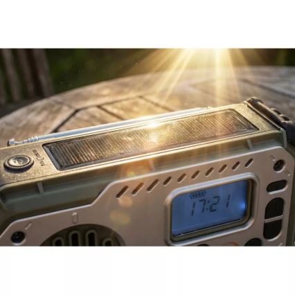Kempingové rádio so kľukou, solárnym panelom a LED baterkou s funkciou powerbanky 5V/3xAAA/2000 mAh IPX4 zelená