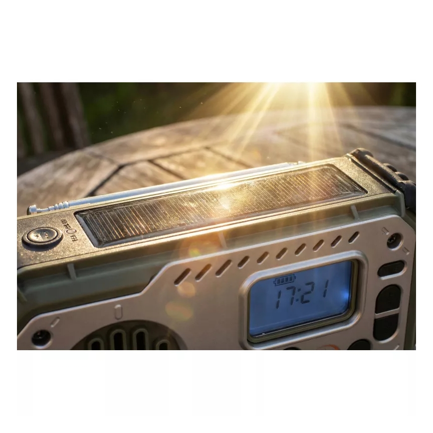 Kempingové rádio so kľukou, solárnym panelom a LED baterkou s funkciou powerbanky 5V/3xAAA/2000 mAh IPX4 zelená