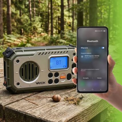 Kempingové rádio so kľukou, solárnym panelom a LED baterkou s funkciou powerbanky 5V/3xAAA/2000 mAh IPX4 zelená