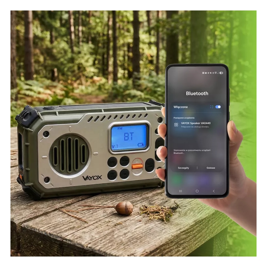 Kempingové rádio so kľukou, solárnym panelom a LED baterkou s funkciou powerbanky 5V/3xAAA/2000 mAh IPX4 zelená