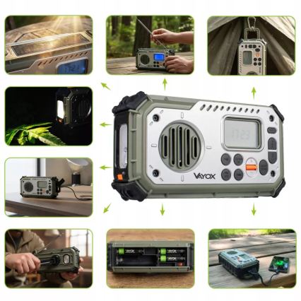 Kempingové rádio so kľukou, solárnym panelom a LED baterkou s funkciou powerbanky 5V/3xAAA/2000 mAh IPX4 zelená