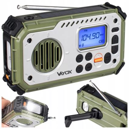 Kempingové rádio so kľukou, solárnym panelom a LED baterkou s funkciou powerbanky 5V/3xAAA/2000 mAh IPX4 zelená