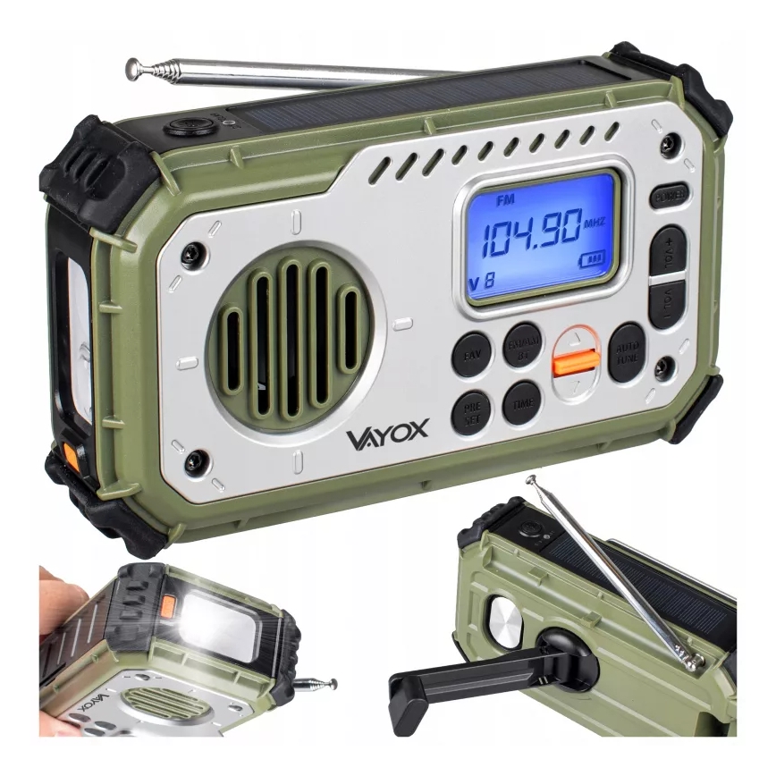 Kempingové rádio so kľukou, solárnym panelom a LED baterkou s funkciou powerbanky 5V/3xAAA/2000 mAh IPX4 zelená