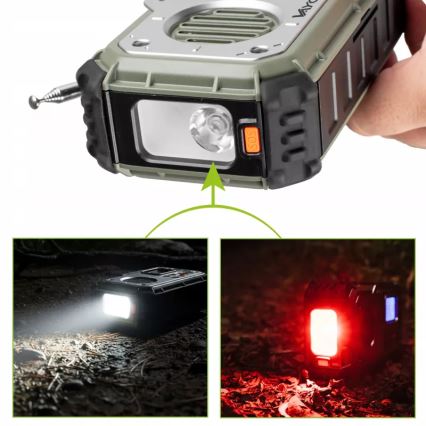 Kempingové rádio so kľukou, solárnym panelom a LED baterkou s funkciou powerbanky 5V/3xAAA/2000 mAh IPX4 zelená