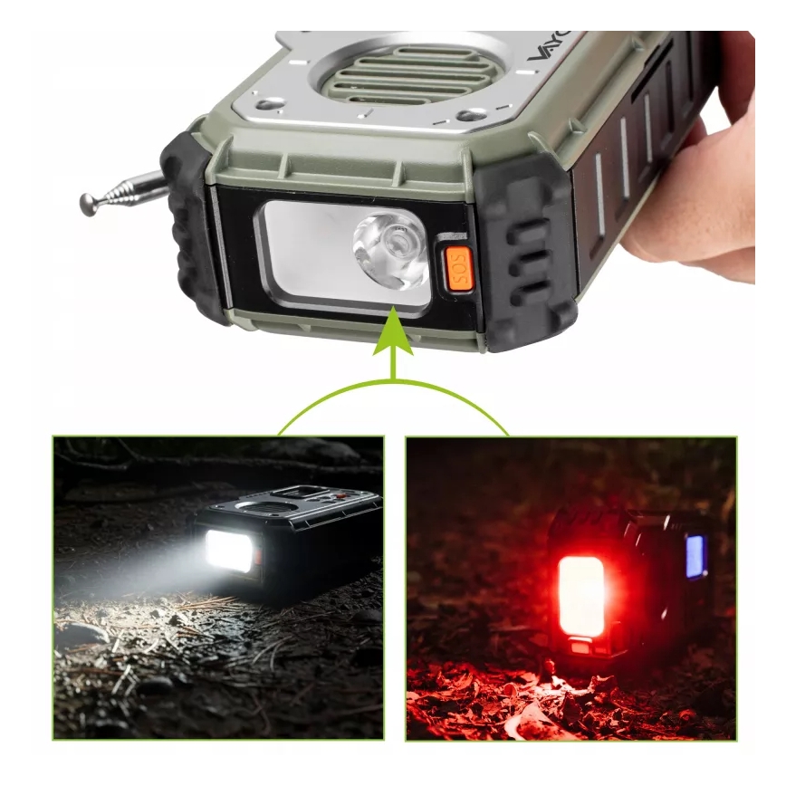 Kempingové rádio so kľukou, solárnym panelom a LED baterkou s funkciou powerbanky 5V/3xAAA/2000 mAh IPX4 zelená