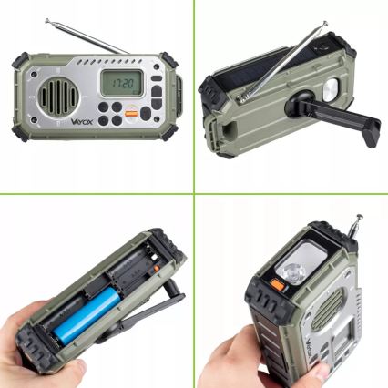 Kempingové rádio so kľukou, solárnym panelom a LED baterkou s funkciou powerbanky 5V/3xAAA/2000 mAh IPX4 zelená