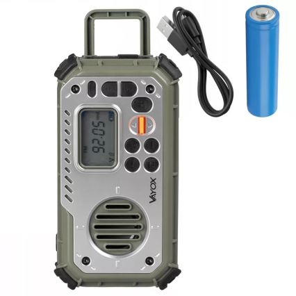 Kempingové rádio so kľukou, solárnym panelom a LED baterkou s funkciou powerbanky 5V/3xAAA/2000 mAh IPX4 zelená
