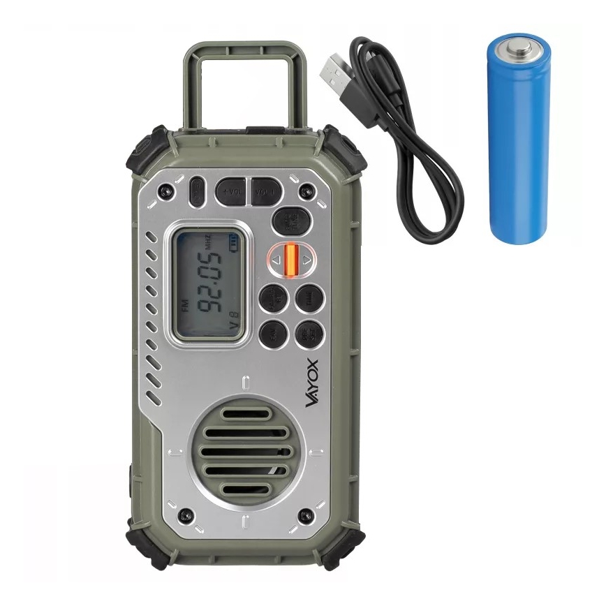 Kempingové rádio so kľukou, solárnym panelom a LED baterkou s funkciou powerbanky 5V/3xAAA/2000 mAh IPX4 zelená