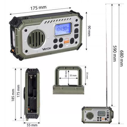 Kempingové rádio so kľukou, solárnym panelom a LED baterkou s funkciou powerbanky 5V/3xAAA/2000 mAh IPX4 zelená
