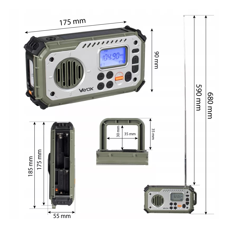Kempingové rádio so kľukou, solárnym panelom a LED baterkou s funkciou powerbanky 5V/3xAAA/2000 mAh IPX4 zelená