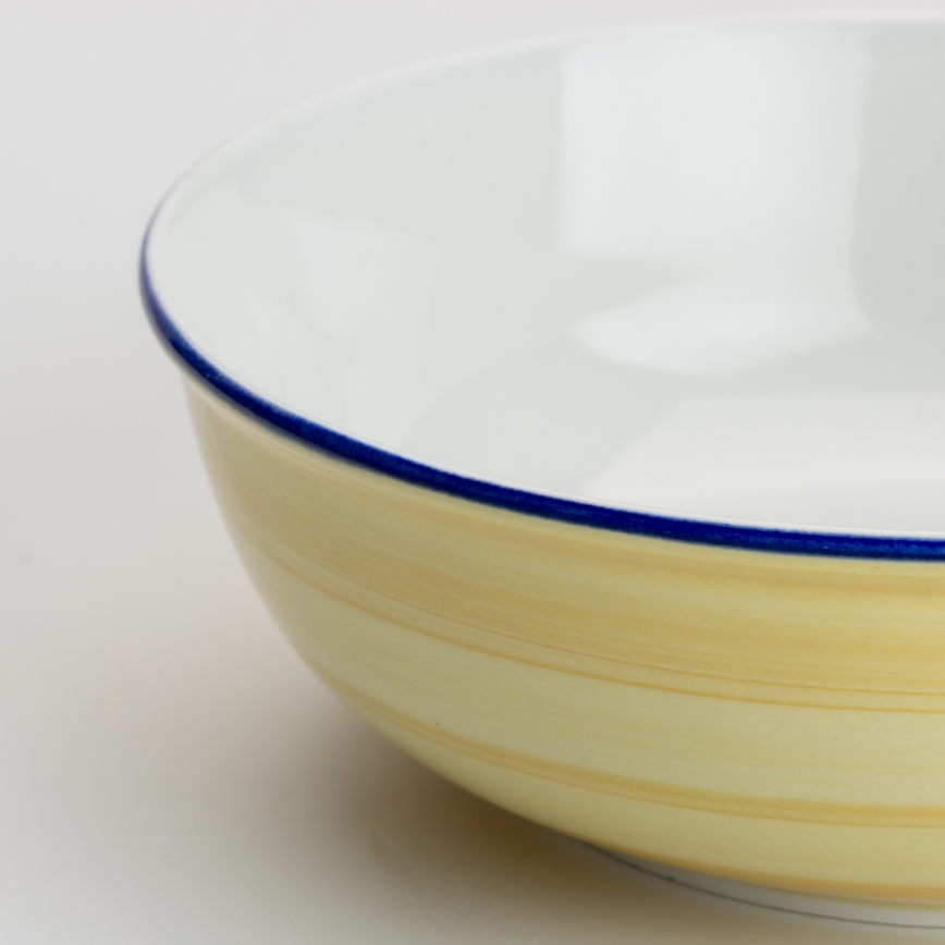 Pórovitá miska so žltým dekorom a modrým lemom je umiestnená na svetlom podklade.
