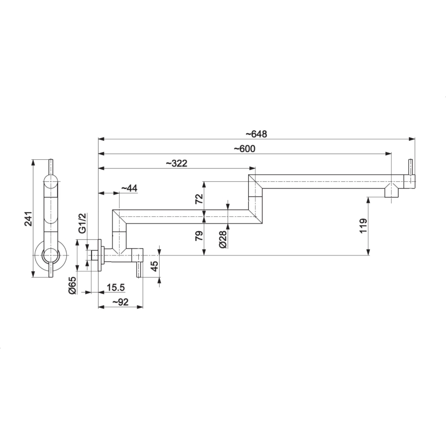 Technický výkres zobrazuje L-tvarovú armatúru s rozmermi: 241, 65, 45, 92, 44, 72, 79, 28, 322, 600, 648 a 119 mm. Pripojenie je G1/2.