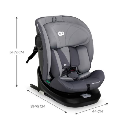 Autosedačka Kinderkraft je zobrazená v sivom prevedení. Je znázornená jej výška (61-72 cm), šírka (59-75 cm) a hĺbka (44 cm). Umiestnenie je na bielom pozadí.
