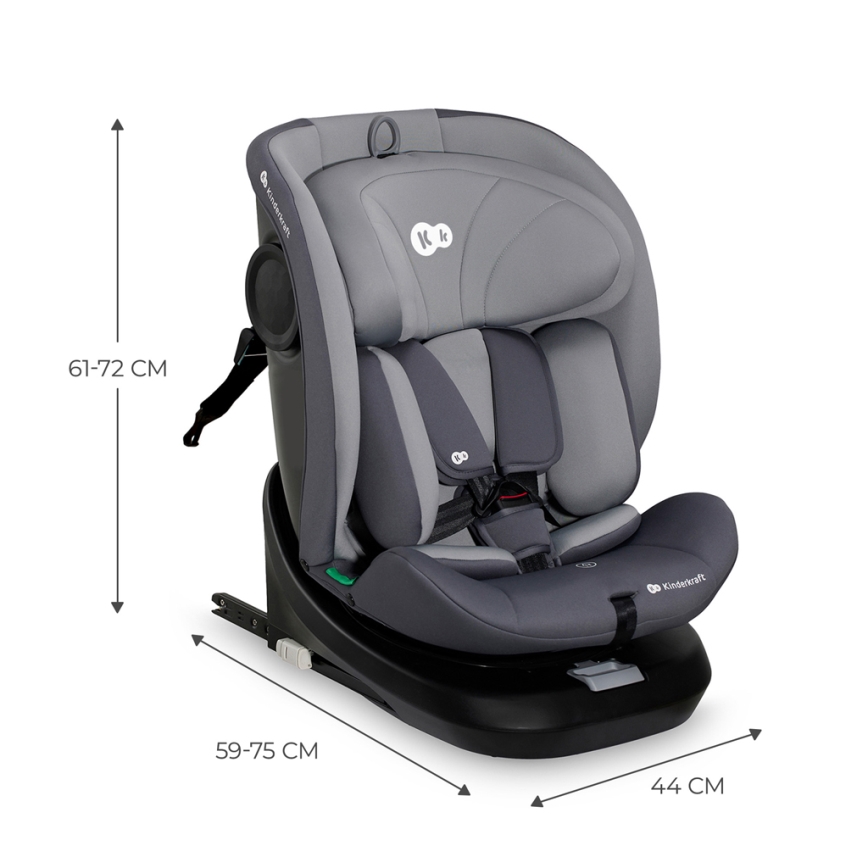 Autosedačka Kinderkraft je zobrazená v sivom prevedení. Je znázornená jej výška (61-72 cm), šírka (59-75 cm) a hĺbka (44 cm). Umiestnenie je na bielom pozadí.