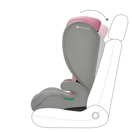 Autosedačka Kinderkraft sa nastavuje. Opierka hlavy sa dá výškovo nastaviť. Je sivá a ružová, bočná časť je znázornená v aute.