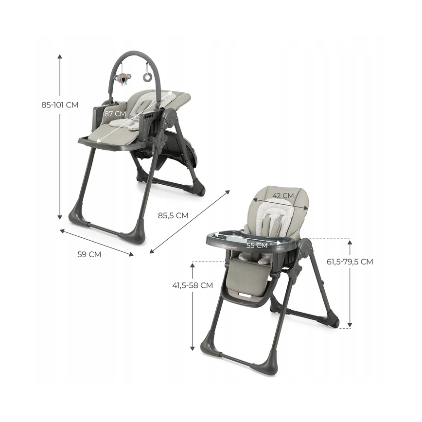 Detská jedálenská stolička, nastaviteľná výška a sklápacia, s rozmermi 59x85,5 cm (rozložená) a 61,5-79,5x41,5-58 cm (zložená), výška operadla 42 cm, šírka stolíka 55 cm a celková výška 85-101 cm.