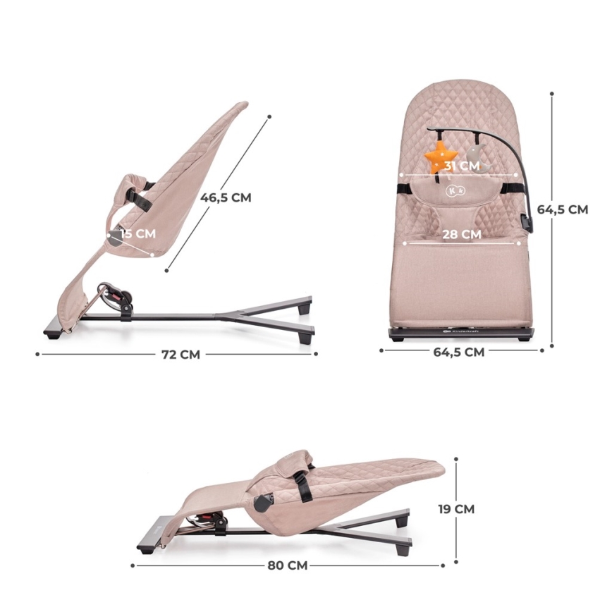 Lehátko pre bábätká, rozložené a zložené, s rozmermi 72x64,5x46,5 cm a 80x19x64,5 cm. Má čalúnené sedadlo s hrazdičkou.