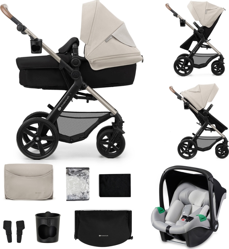 KINDERKRAFT - Kombinovaný kočík 3v1 MOOV 2 Moonlight grey + autosedačka MINK PRO