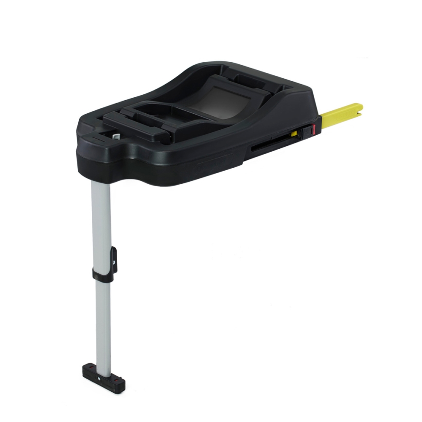 Autosedačka je umiestnená na stojane s jednou nohou. Sedačka je čierna s jednou žltou časťou a je pripravená na inštaláciu. Stojan je strieborno-šedý.