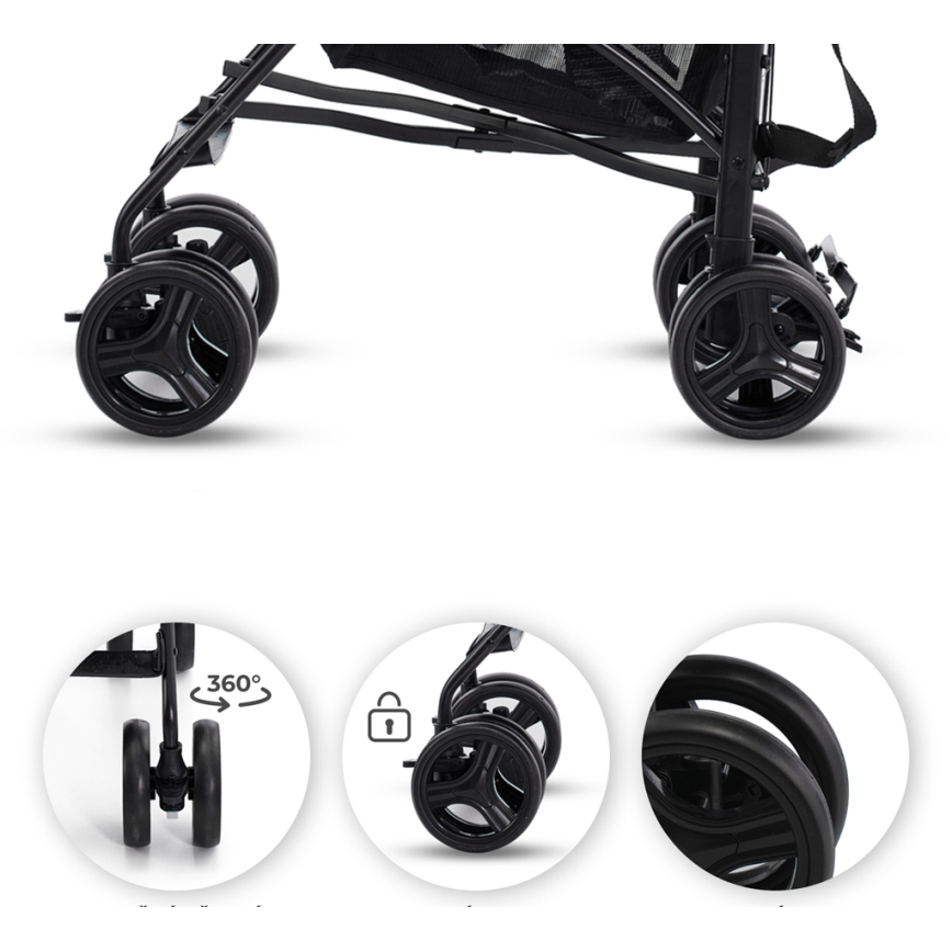 Kočík má štyri otočné kolieska s možnosťou zaaretovania. Kolieska sa otáčajú o 360°. Kočík je čierny a skladací.