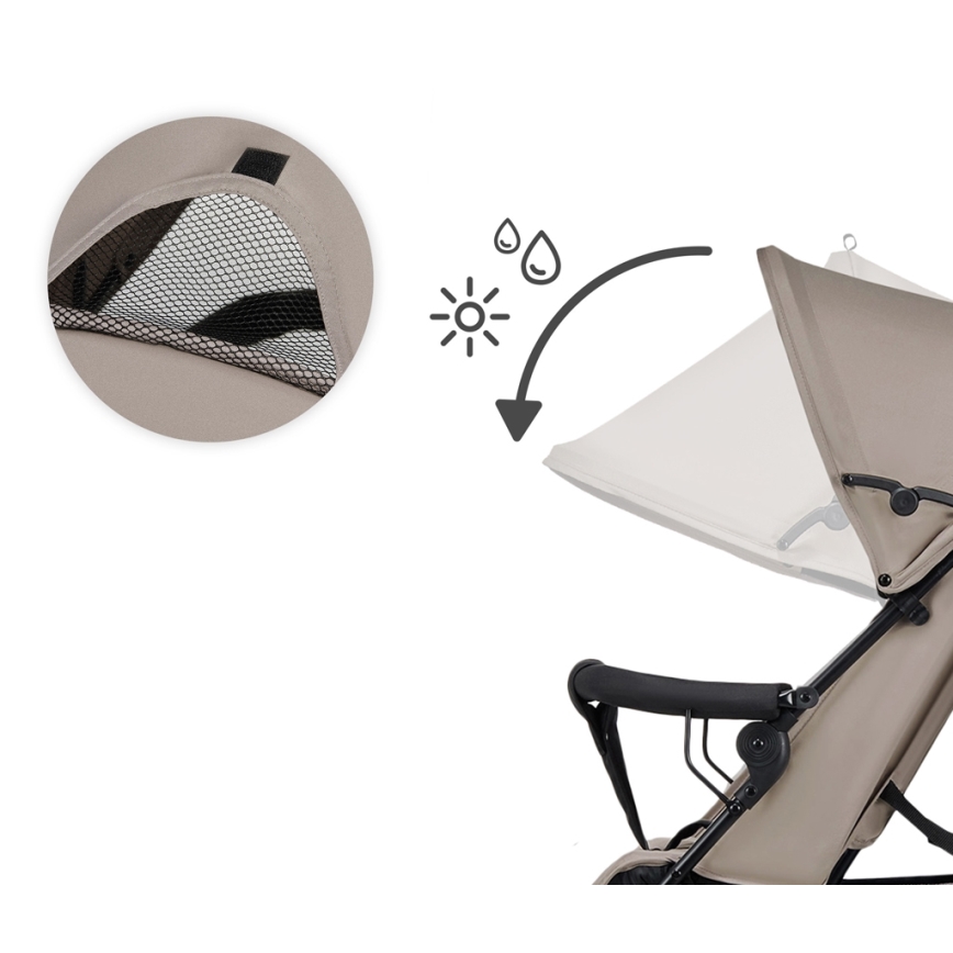 Kočík s odnímateľnou strieškou. Strieška sa dá posunúť a odhaliť sieťované okno pre vetranie. Ochrana proti slnku a dažďu.