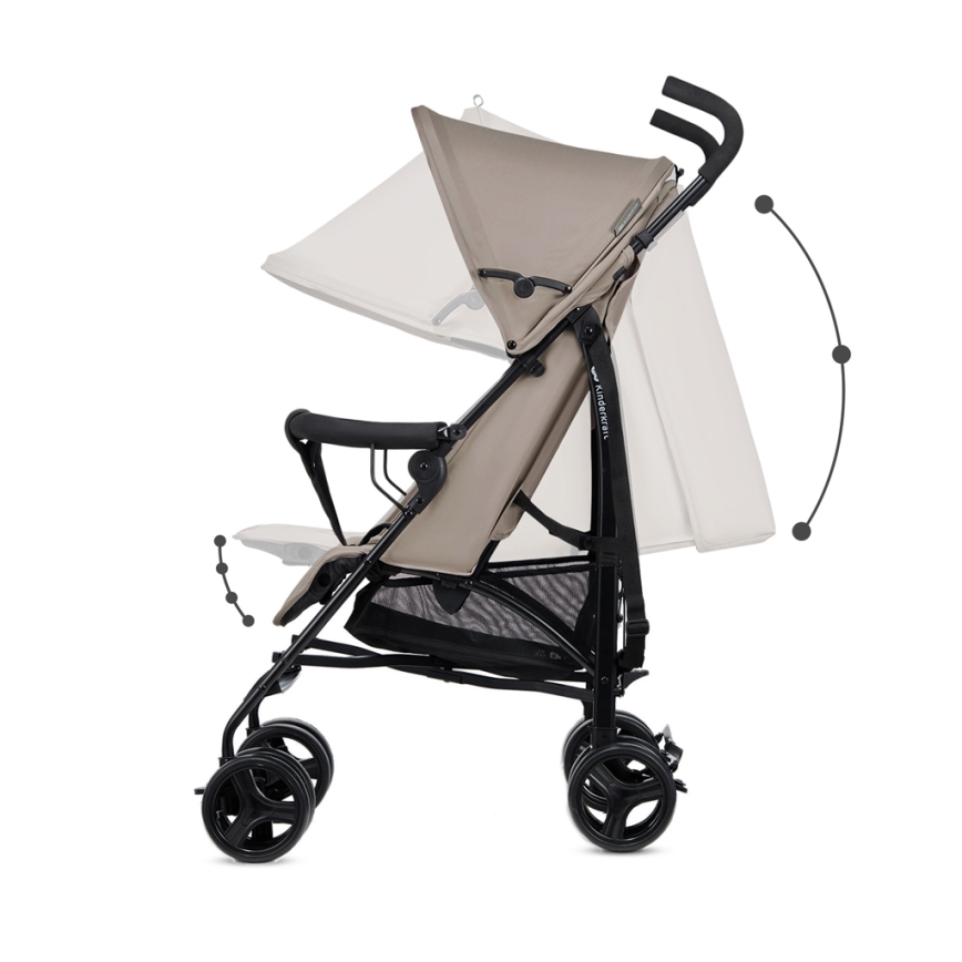 Ľahký skladací kočík béžovej farby s nastaviteľnou strieškou a opierkou, zobrazený zboku na bielom pozadí. Kočík je čiastočne rozložený, strieška a opierka sú znázornené v niekoľkých polohách.