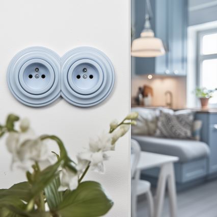 Kliklap - Dvojitá retro domová zásuvka s rámčekom 230V modrá