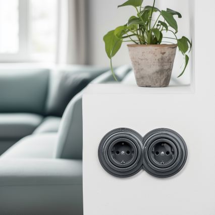 Kliklap - Dvojitá retro domová zásuvka s rámčekom SCHUKO 230V antracitová