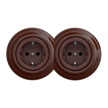 Kliklap - Dvojitá retro domová zásuvka s rámčekom SCHUKO 230V hnedá