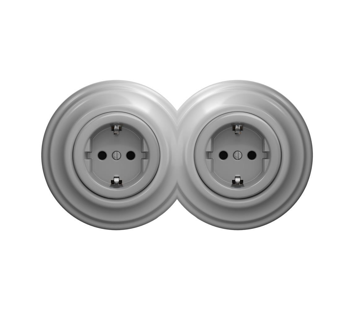 lap - Dvojitá retro domová zásuvka s rámčekom SCHUKO 230V sivá 2xKA0053+2xKA0111