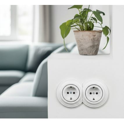Kliklap - Dvojitá retro domová zásuvka s rámčekom SCHUKO 230V, snehobiela