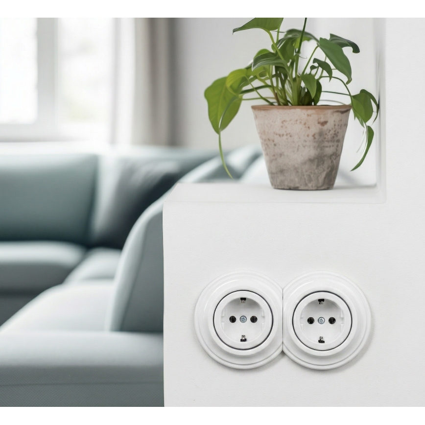 Kliklap - Dvojitá retro domová zásuvka s rámčekom SCHUKO 230V, snehobiela