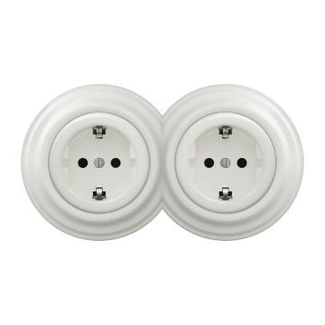 Kliklap - Dvojitá retro domová zásuvka s rámikom SCHUKO 230 V/16 A biela