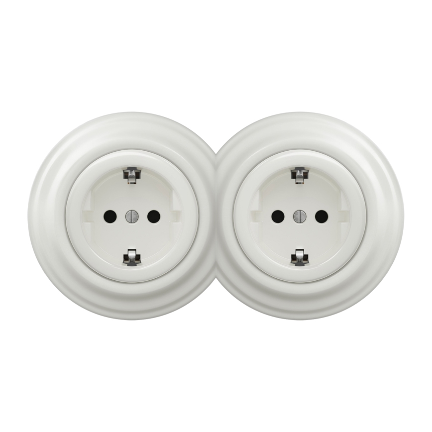 Kliklap - Dvojitá retro domová zásuvka s rámikom SCHUKO 230 V/16 A biela