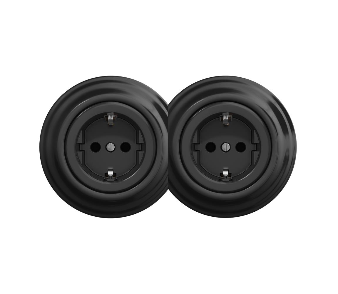 lap - Dvojitá retro domová zásuvka s rámikom SCHUKO 230 V čierna 2xKA0017+2xKA0107