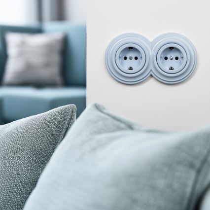 Kliklap - Dvojitá retro domová zásuvka so rámčekom SCHUKO 230V modrá