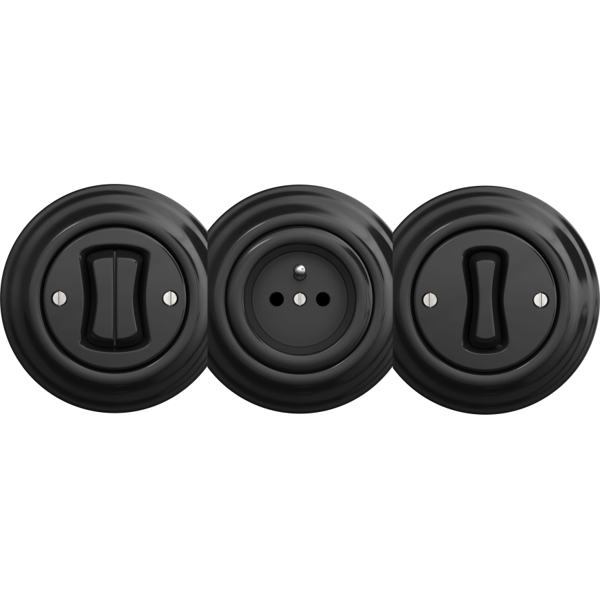 Tri čierne elektroinštalačné prvky sú umiestnené vedľa seba. Dva sú vypínače a jeden je zásuvka. Všetky majú okrúhly tvar s ryhovaným okrajom.