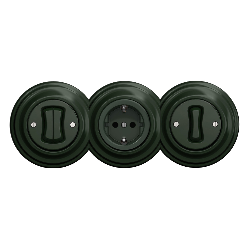 Tri tmavozelené vypínače a zásuvka sú umiestnené vedľa seba. Stredný je trojkolíková zásuvka, krajné sú vypínače. Všetky sú v rovnakom štýle, s okrúhlym tvarom a ryhovaným okrajom.