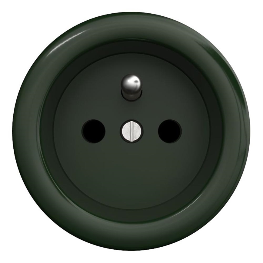 Tmavozelená zásuvka s dvoma otvormi a zemniacim kolíkom je umiestnená na bielom pozadí. Stredová časť je mierne preliačená.