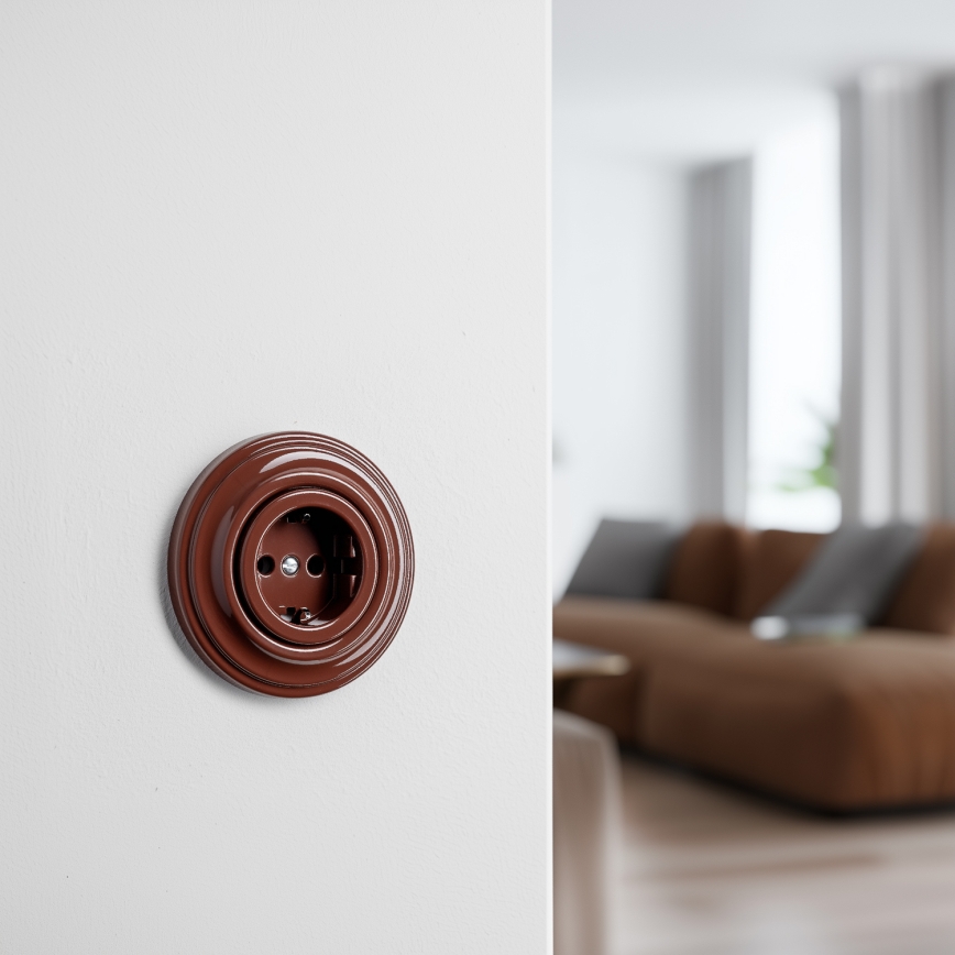 Kliklap - Retro domová zásuvka s rámčekom SCHUKO 230V/16A hnedá