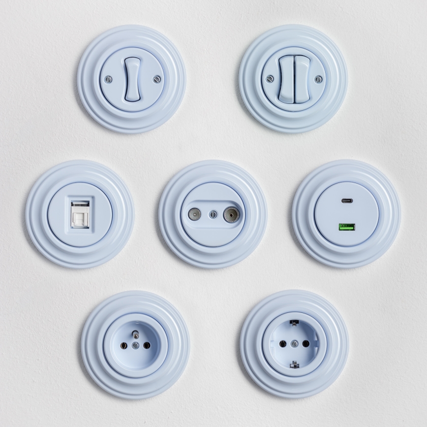 Kliklap - Retro domová zásuvka s rámčekom SCHUKO 230V/16A modrá