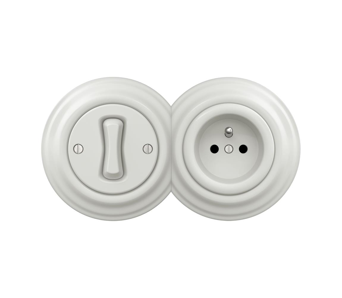 lap -Retro jednopólový vypínač č. 1 a zásuvka 230 V s rámčekom keramická biela 2xKA0008+KA0001+KA0006