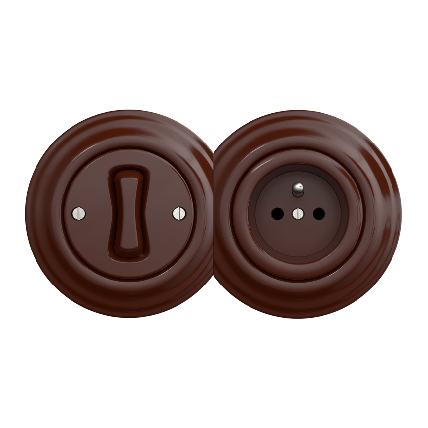 Kliklap - Retro jednopólový vypínač č. 1 a zásuvka 230V s rámčekom hnedá
