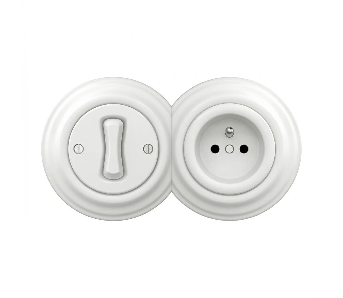 lap - Retro jednopólový vypínač č. 1 a zásuvka 230V so snehovo bielym rámčekom 2xKA0152+KA0145+KA0150