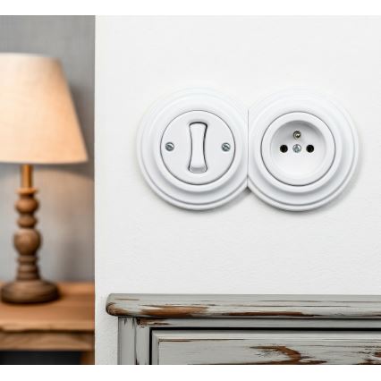 Kliklap - Retro jednopólový vypínač č. 1 a zásuvka 230V so snehovo bielym rámčekom